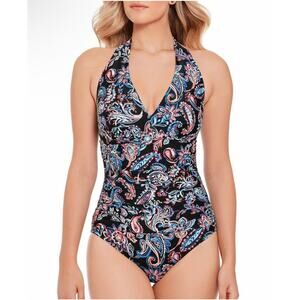 Time&Tru‎ Womens Carnival Paisley Halter Multicolor One Piece Swimsuit Small NWT